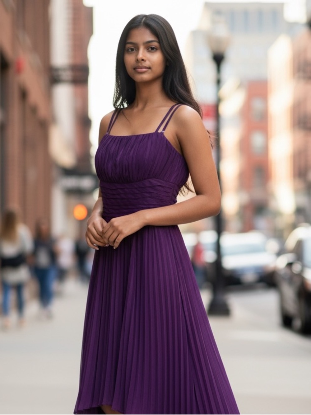 BCBGMaxAzria Strapless Pleated A-Line Satin Dress in Purple Sz 4